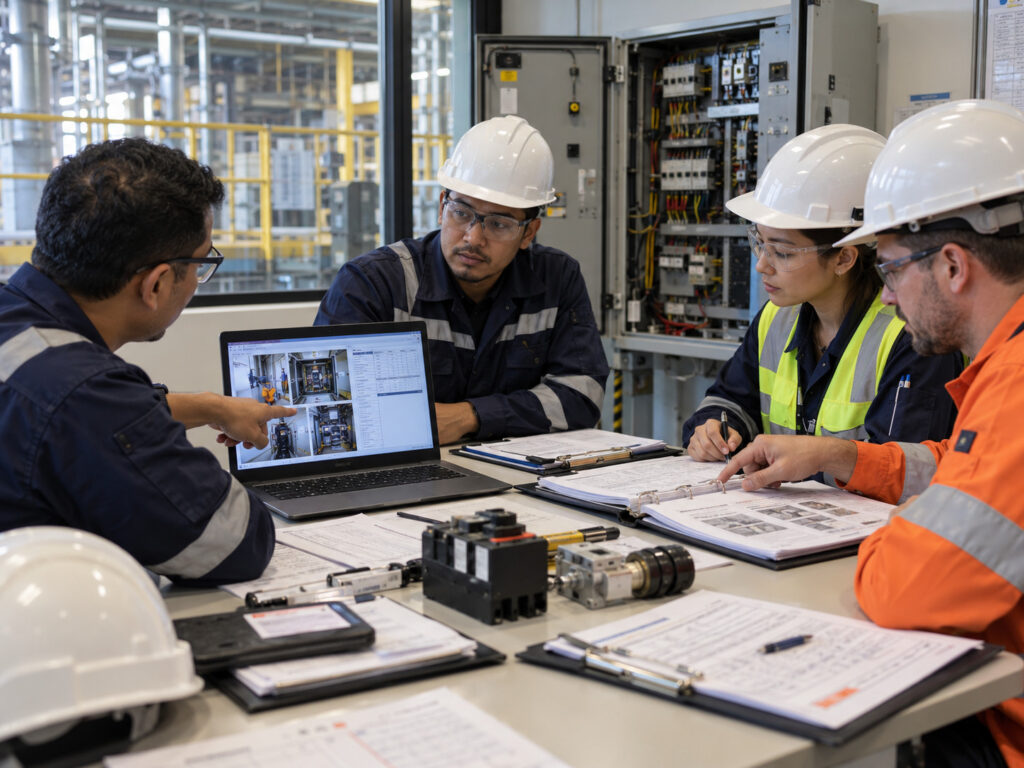 Industrial maintenance team briefing
