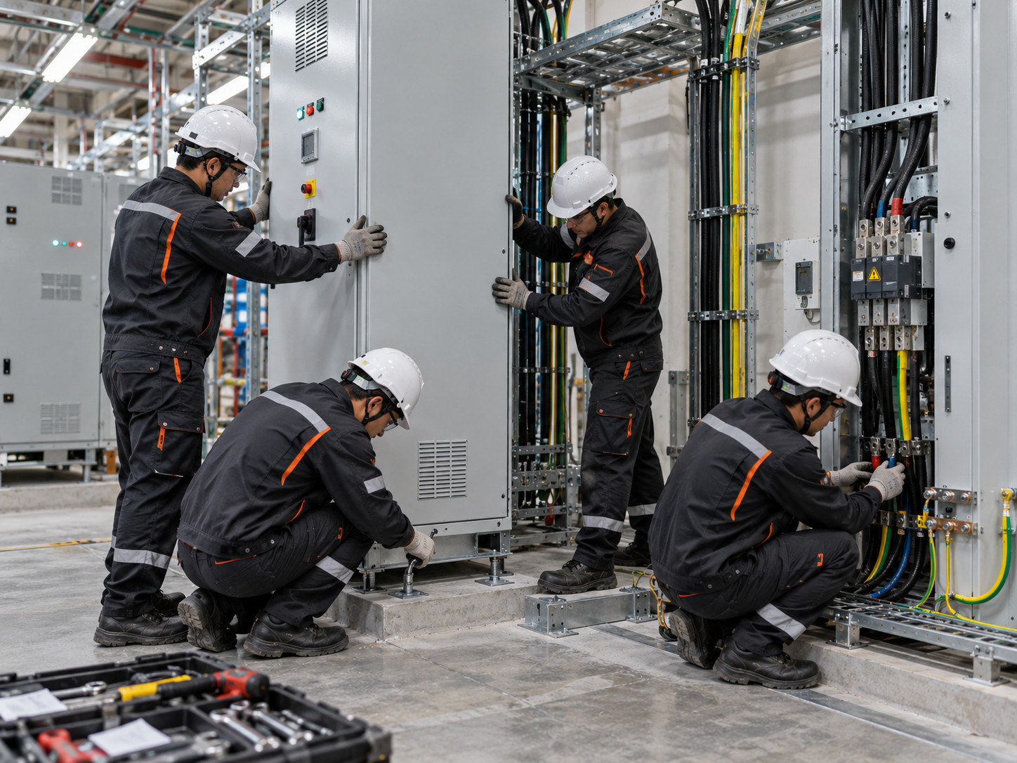 Industrial switchgear installation team