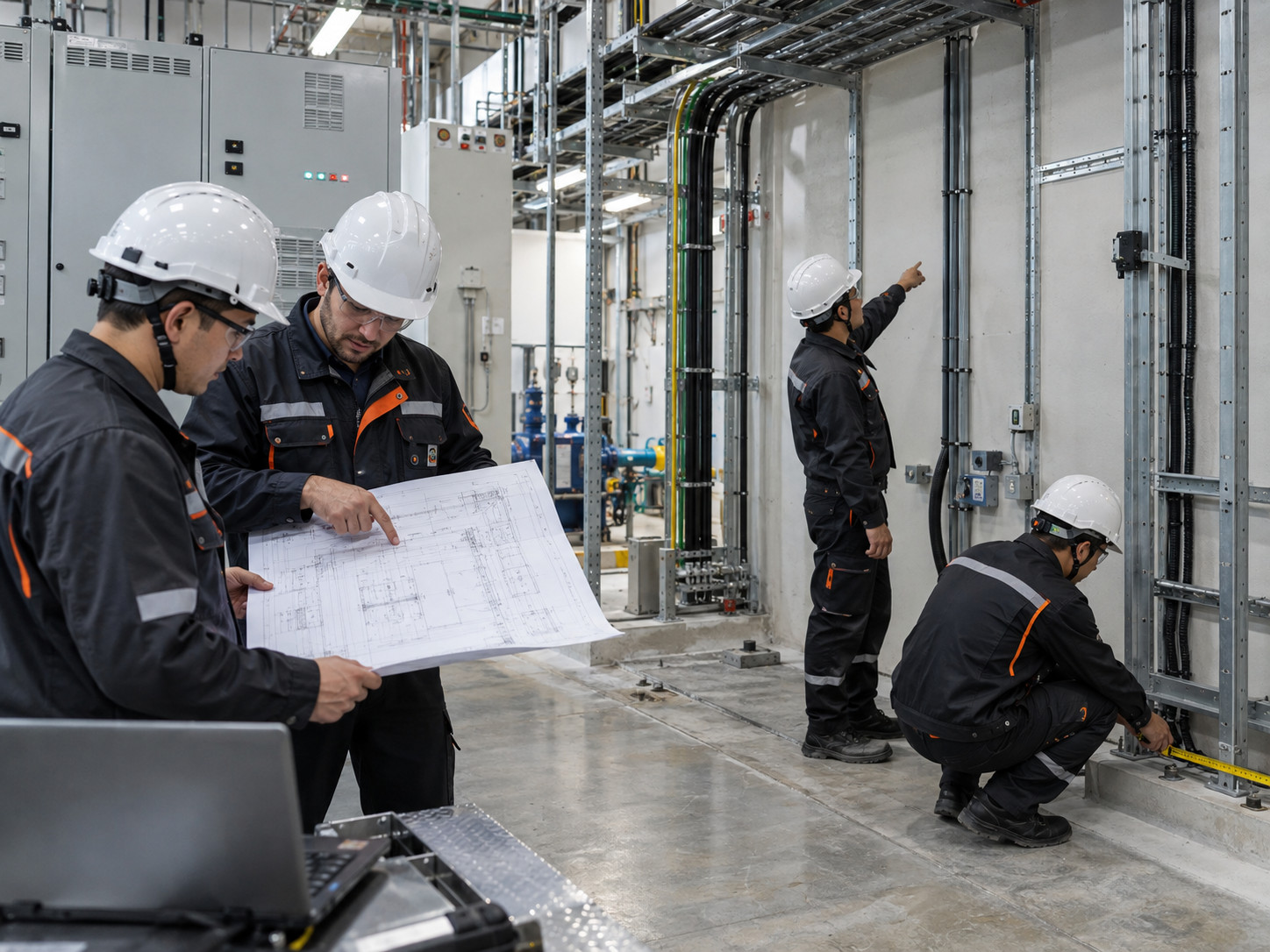 Industrial team reviewing blueprints