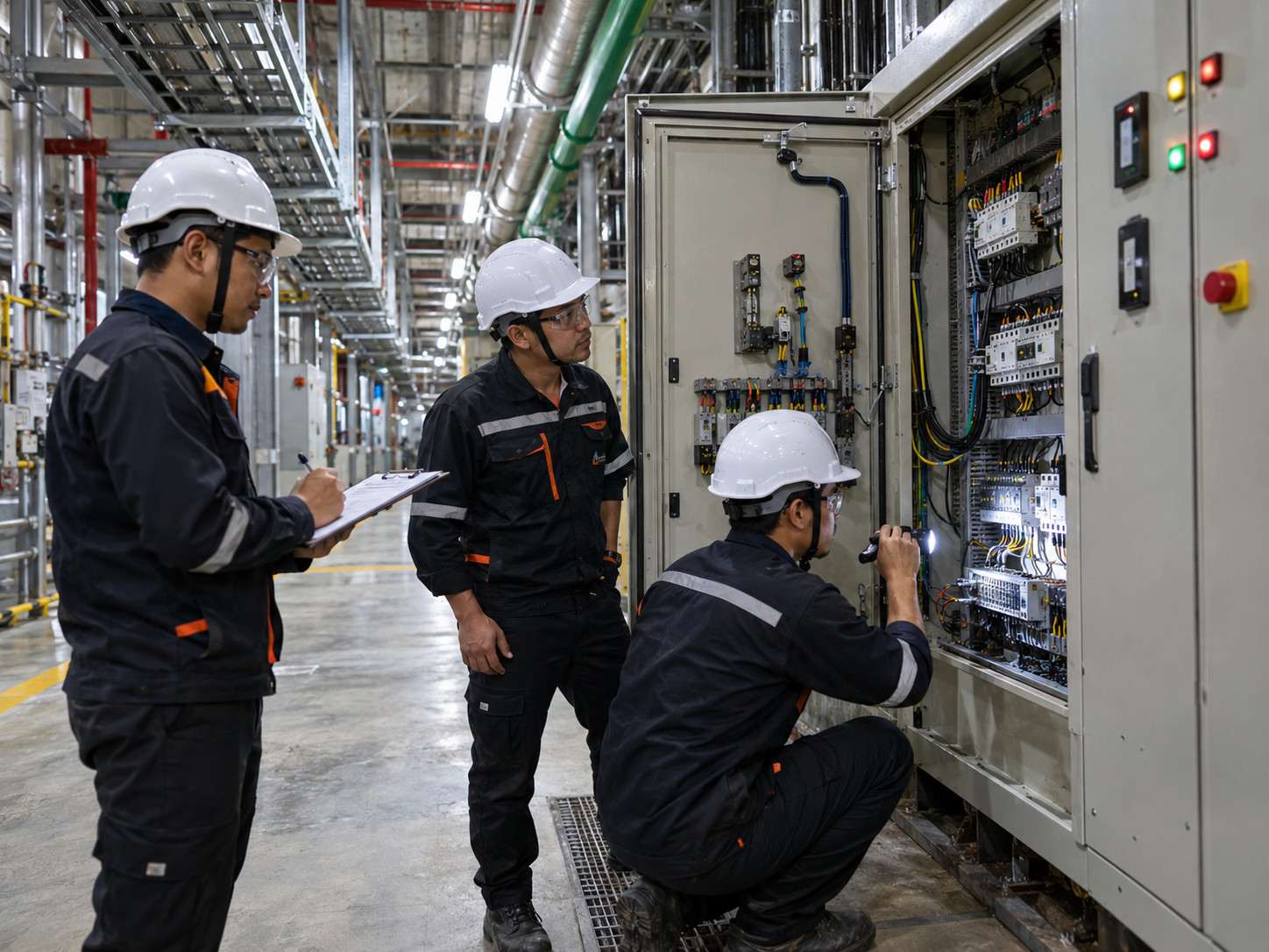 Industrial technicians inspect electrical panel