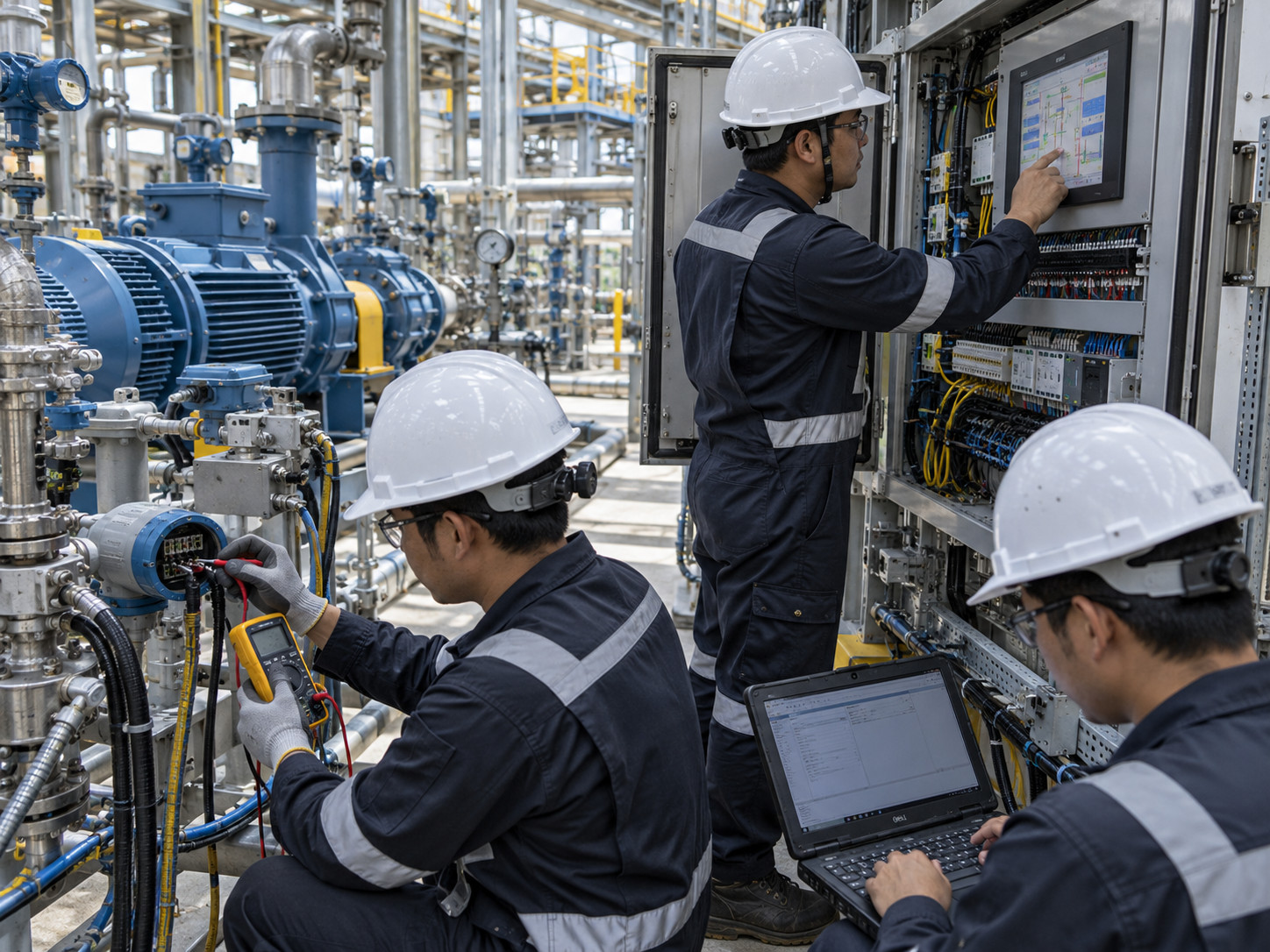 Industrial technicians testing plant controls