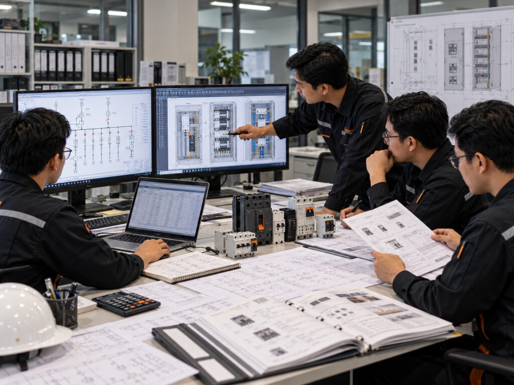Tim engineer mengerjakan detail sld, panel layout, calculation