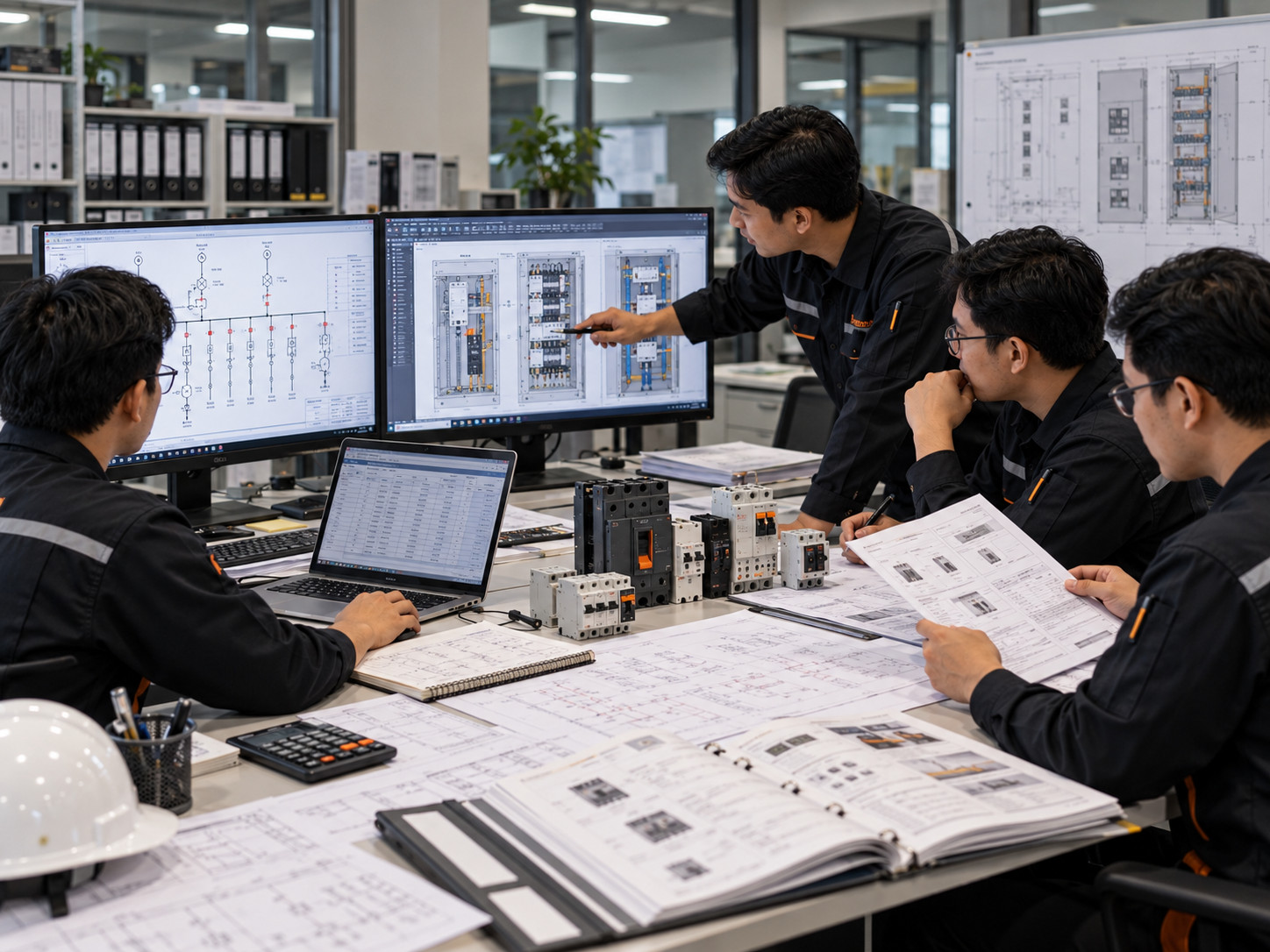Tim engineer mengerjakan detail sld, panel layout, calculation