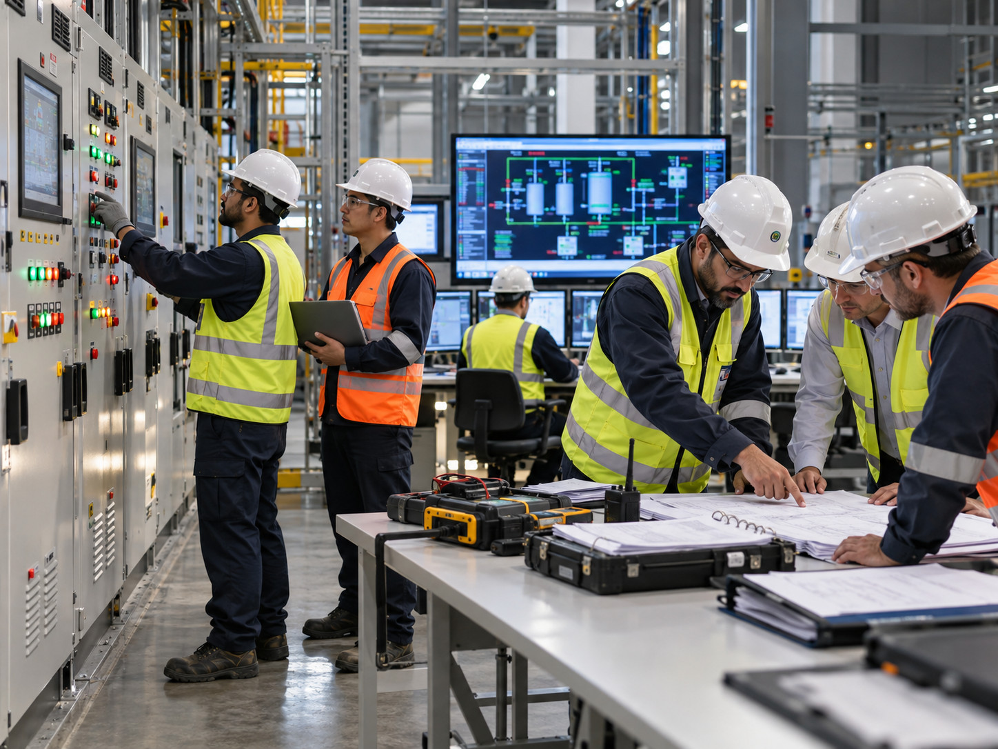 Engineers collaborating in industrial control room