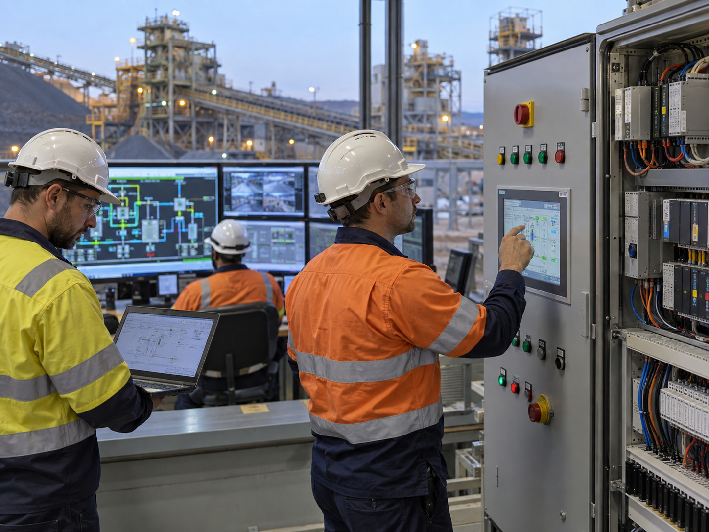 Industrial control room at dusk