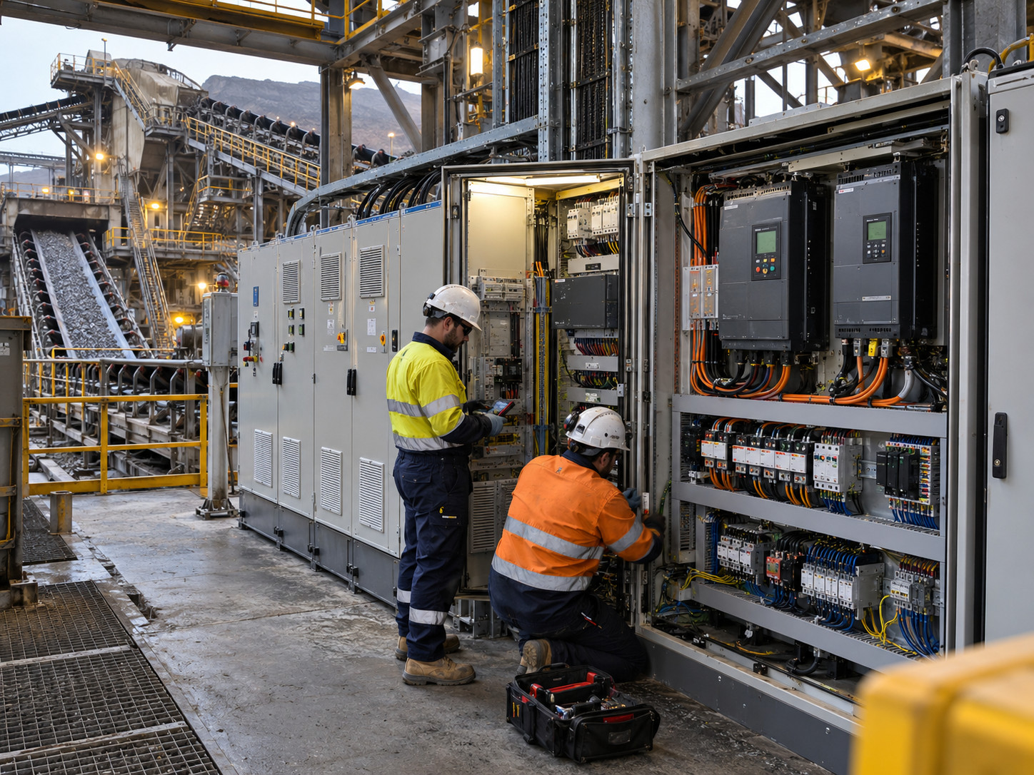 Industrial workers servicing control panels