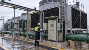 Technician inspecting cooling tower controls